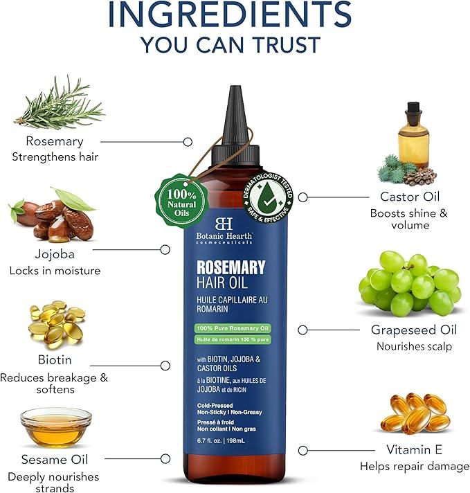 Botanic Hearth 100% Pure Rosemary Oil For Hair Growth (6.7 fl oz) Infused With Biotin, Jojoba & Castor Oil | Hair strengthening Treatment | Nourishing & Volumizing | Non GMO Verified - Which Mark