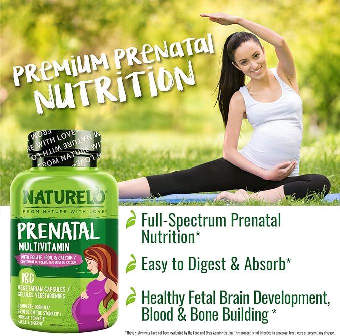 NATURELO Prenatal Multivitamin with Gentle Chelated Iron, Methyl Folate, Plant Calcium & Choline - Vegan, Vegetarian - Non-GMO - Gluten Free - 180 Capsules - 2 Month Supply - Which Mark