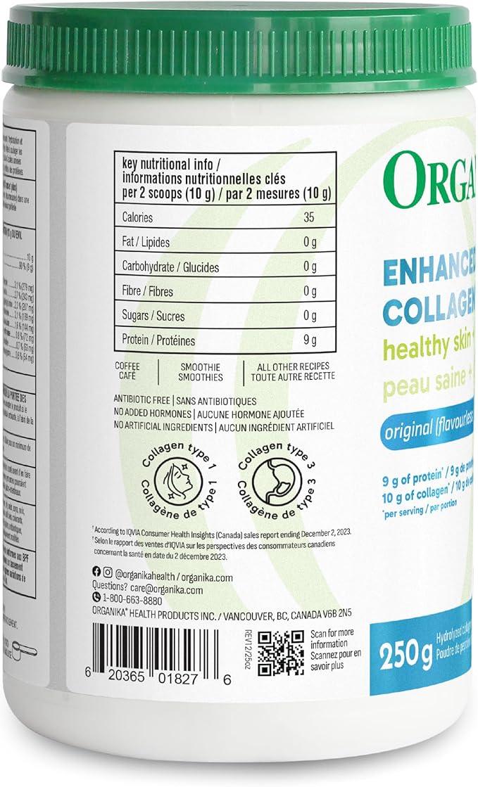 Organika Canadian-Made Enhanced Collagen Powder - for Healthy Hair, Skin, Nails, and Joints. Hydrolyzed Protein Peptides for Better Absorption- Grass-Fed, Non-GMO- Unflavoured- 250g - Which Mark
