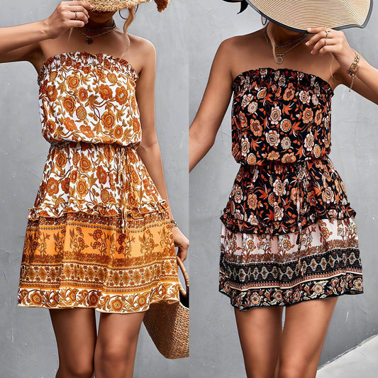 Women's Bohemian Floral Print Strapless Dress Summer Beach Dress - Which Mark