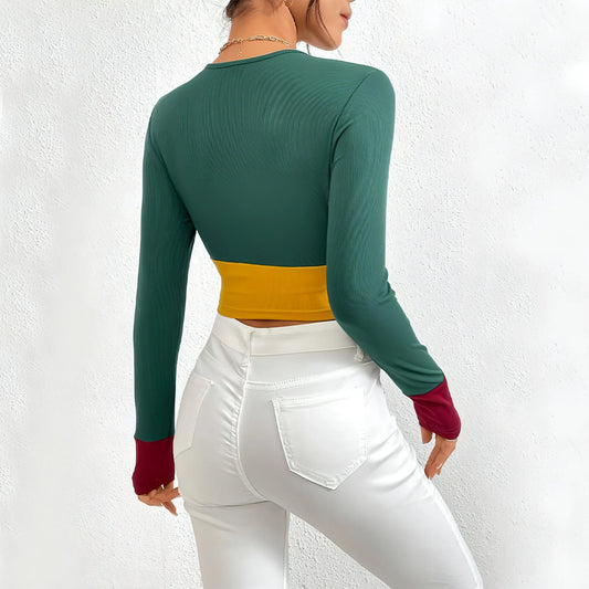 Slim Fit O-neck Short Stitching Long Sleeve T-shirt Women - Which Mark