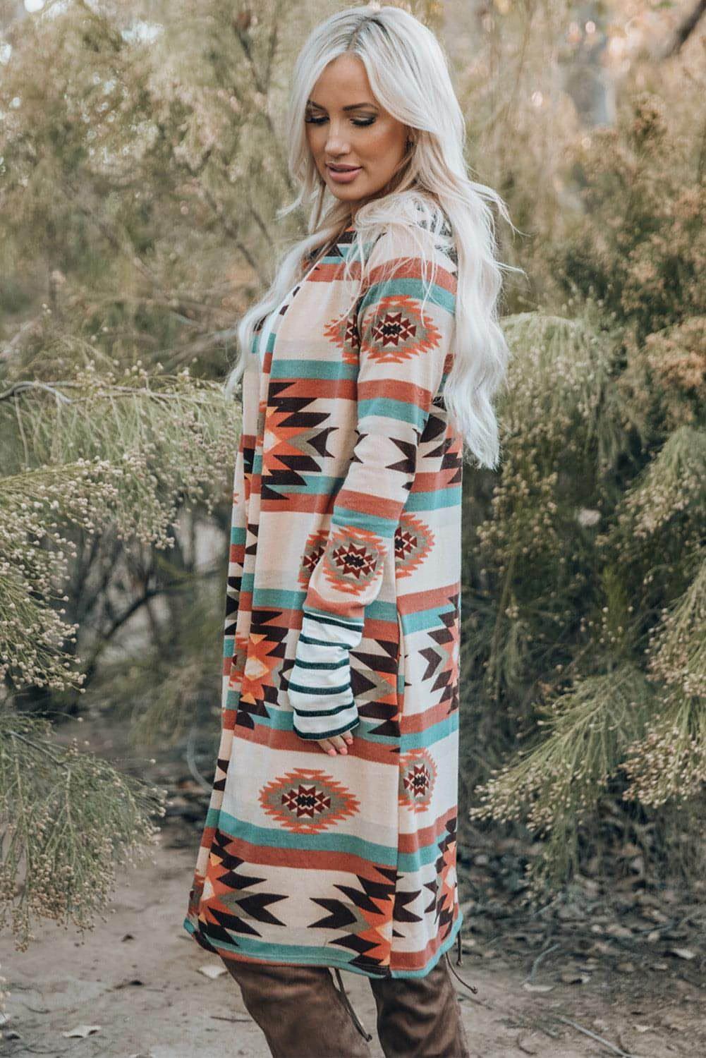 Multicolor Geometric Color Block Open Front Long Cardigan - Which Mark