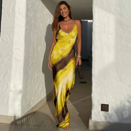 Women's Fashion Printed V-neck Backless Slit Sling Dress - Which Mark