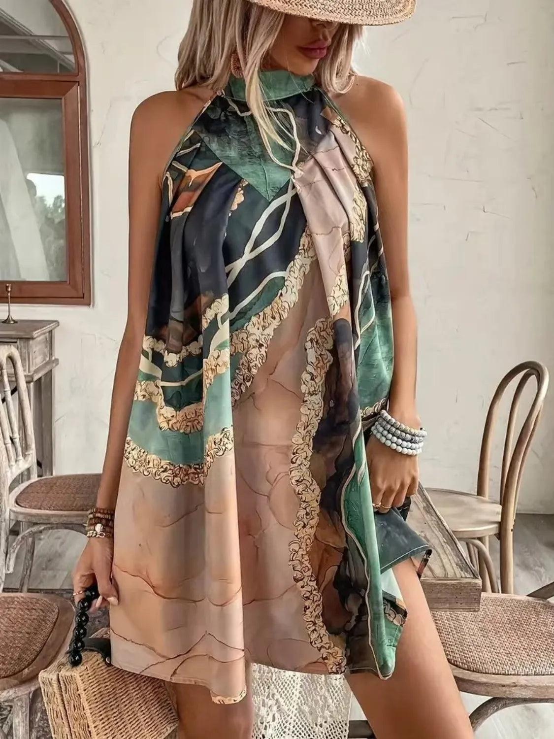Tied Back Printed Sleeveless Dress - Which Mark