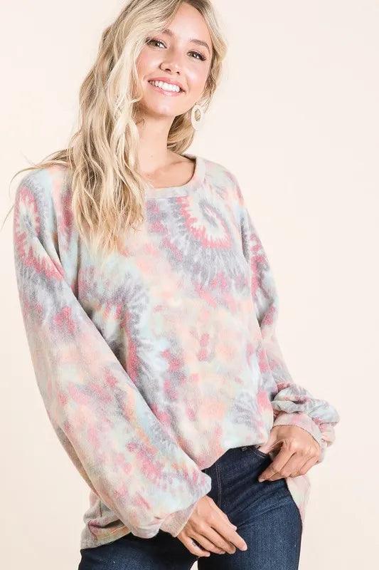 BiBi Brushed Tie Dye Print Top with Puff Sleeves - Which Mark