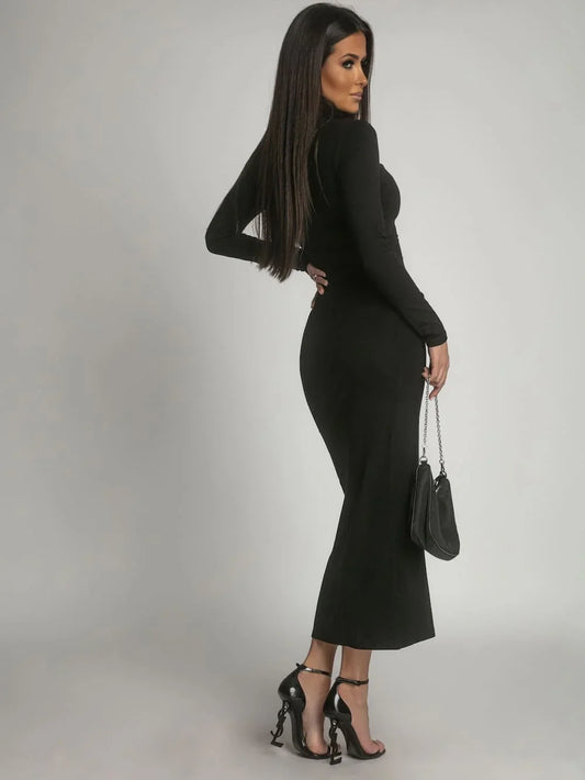 Smooth dress with long sleeves and a turtleneck, black FG678 - Which Mark