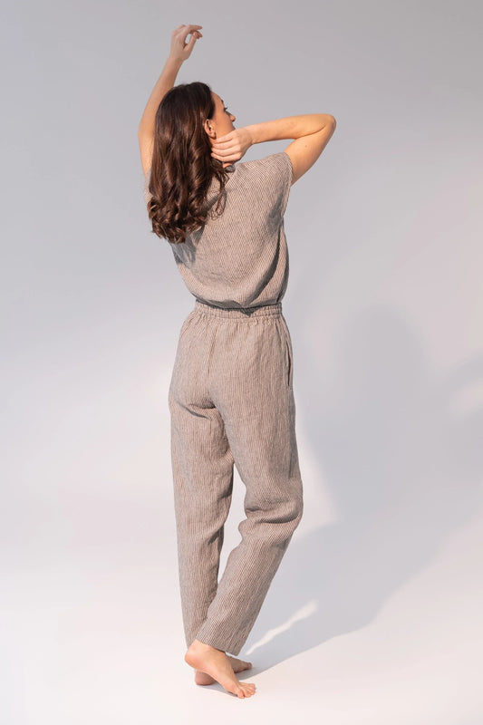 Striped Dark Grey linen / Natural Linen Pajama set / Linen loungewear - Which Mark