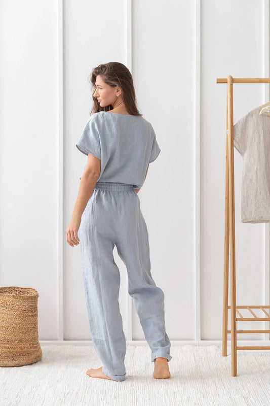 Ice Blue linen / Natural Linen Pajama set / Linen loungewear / Linen - Which Mark