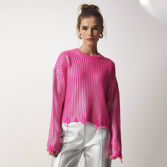 Women's Ragged Design Short Sweater Knitwear Top - Which Mark