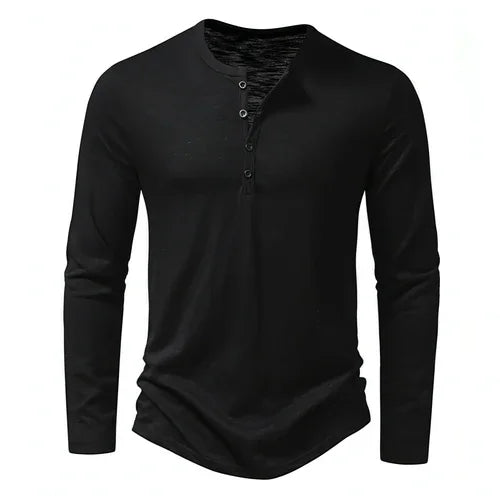 Mens Clothing Long Sleeve T-shirt Fashion Button Henry Collar Tops - Which Mark