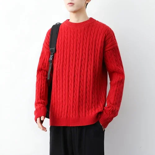 Men's Thick Solid Color Loose Round Neck Twisted Twisted Sweater - Which Mark