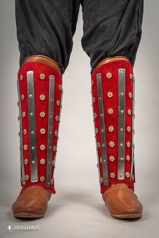 Splinted Suede Leather Greaves Red - Which Mark