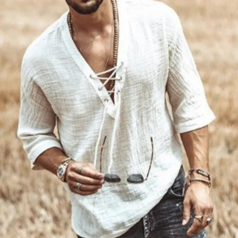 Men’s Lace-Up Linen Shirt – Casual Vintage Look, Short Sleeves - Which Mark