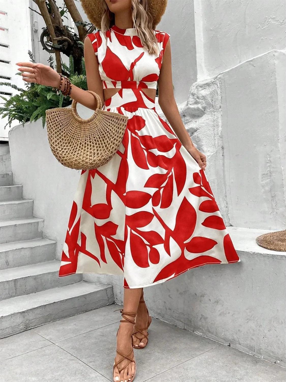 Cutout Printed Cap Sleeve Midi Dress - Which Mark