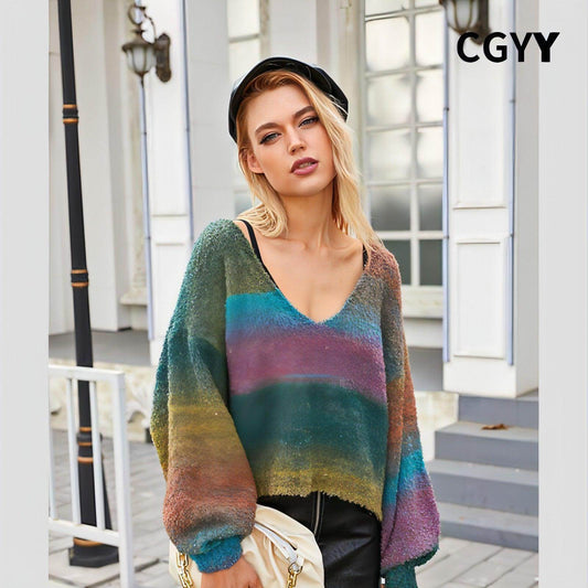 Rainbow Striped V-neck Sweater Loose-fitting Women - Which Mark