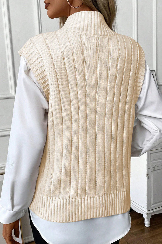 Oatmeal Cable Knit High Neck Sweater Vest - Which Mark