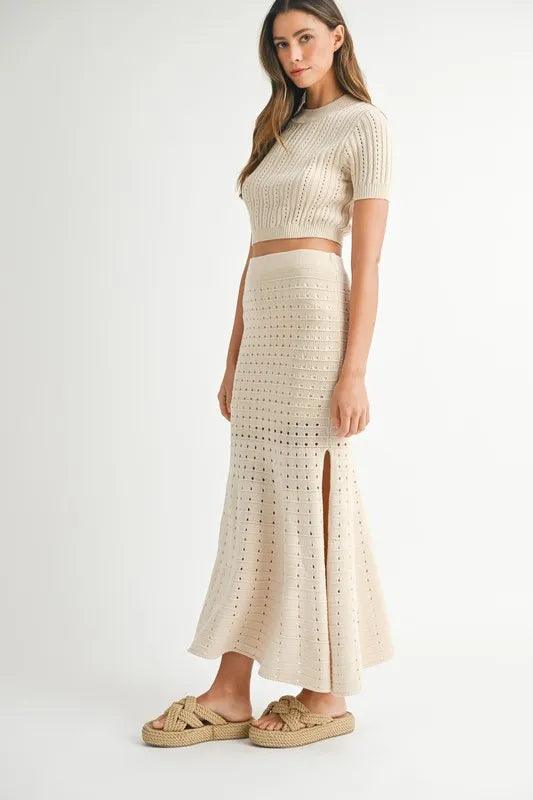 MABLE Pointelle Short Sleeve Crop Top and Slit Skirt Sweater Set - Which Mark