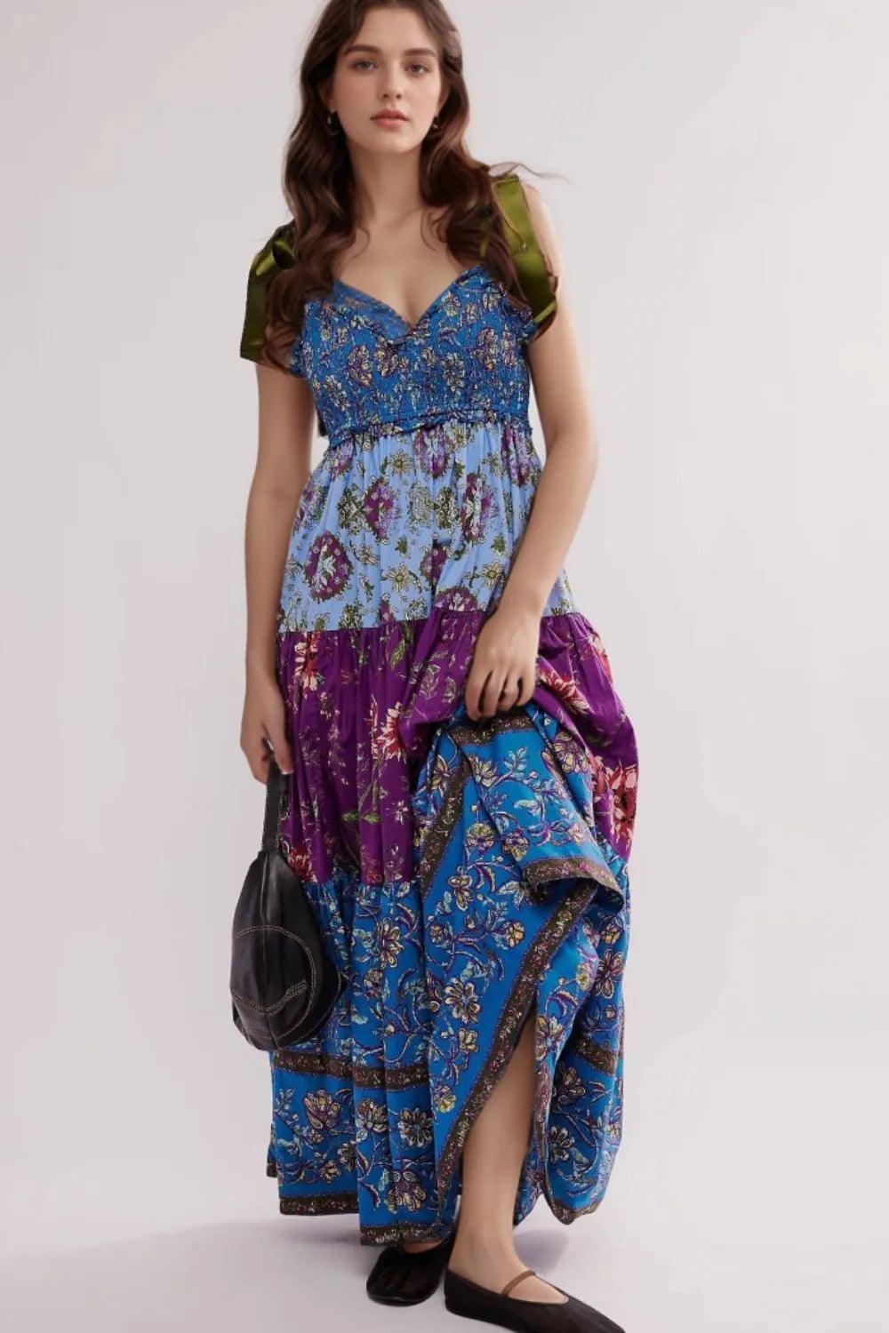 Floral Tiered Maxi Dress with Mixed Print Design - Which Mark