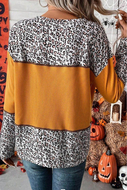 Women Round Neck Leopard Splicing Waffle Sweater - Which Mark