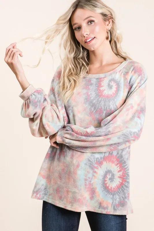 BiBi Brushed Tie Dye Print Top with Puff Sleeves - Which Mark