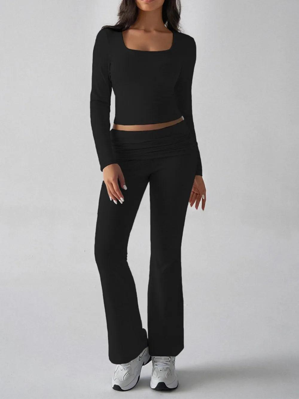 Devine Square Neck Long Sleeve Top and Pants Set - Which Mark