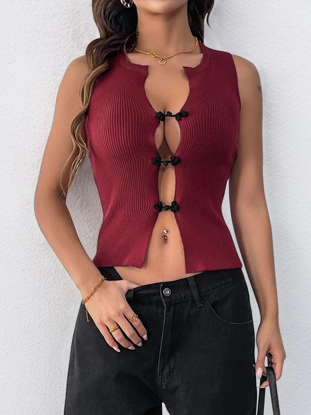 Perfee Ribbed Knot Button Cropped Tank - Which Mark