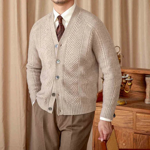 V-neck Solid Color Jacquard Knitted Cardigan Sweater Coat - Which Mark