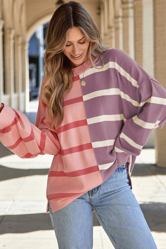 Pink Stripe Colorblock Oversized Sweater - Which Mark