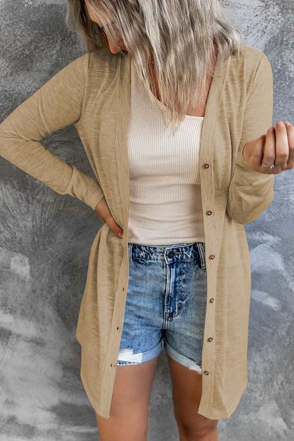 Solid Color Open-Front Buttons Cardigan - Which Mark