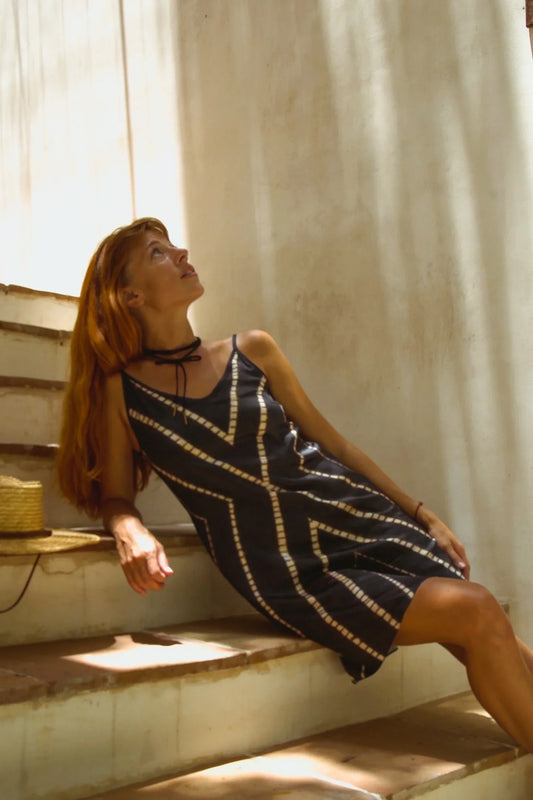 Vela Silk Slip Dress in Striped Shibori - Which Mark