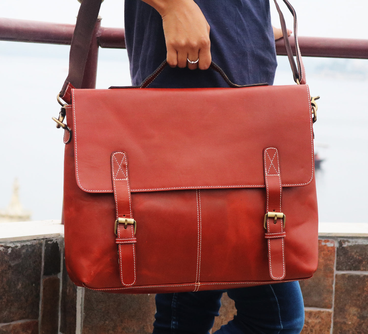 Handmade Orange Handle Leather Laptop Bag.