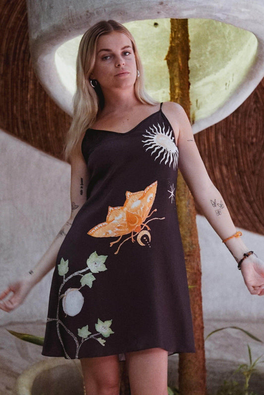 Vela Silk Slip Dress in Black Jungle Butterfly - Which Mark