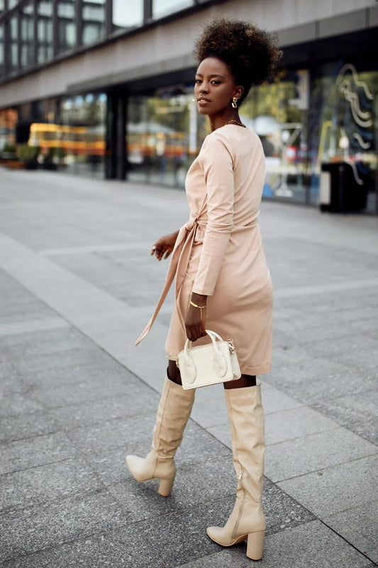 Envelope dress with an asymmetrical bottom, beige FK623 - Which Mark