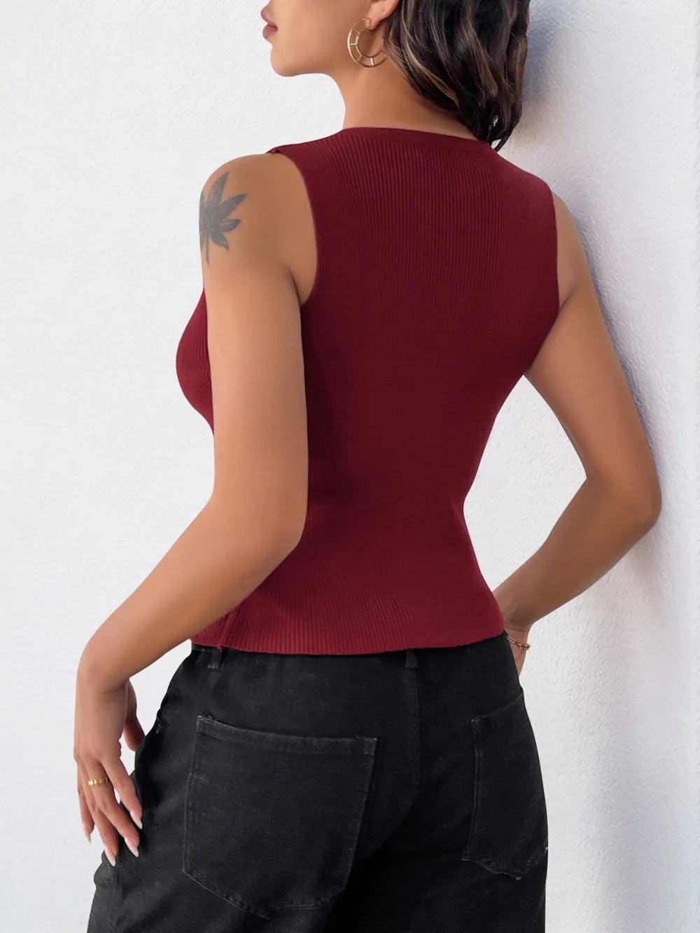 Perfee Ribbed Knot Button Cropped Tank - Which Mark