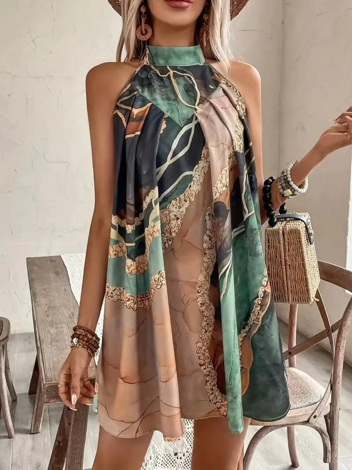 Tied Back Printed Sleeveless Dress - Which Mark