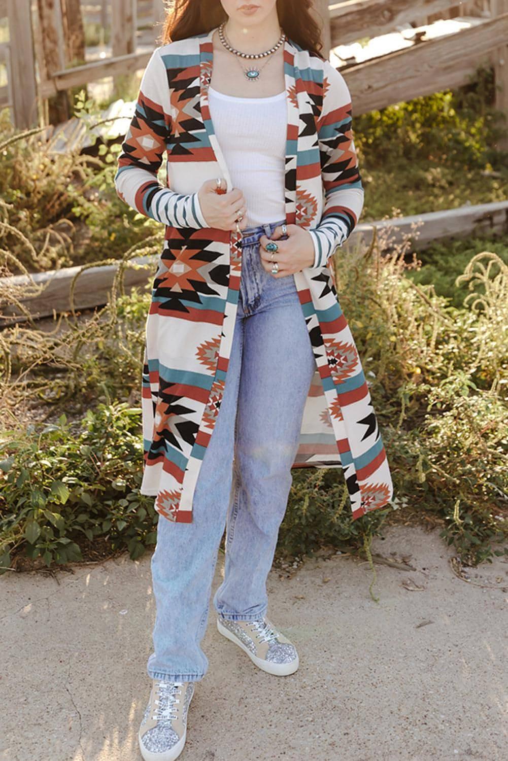 Multicolor Geometric Color Block Open Front Long Cardigan - Which Mark