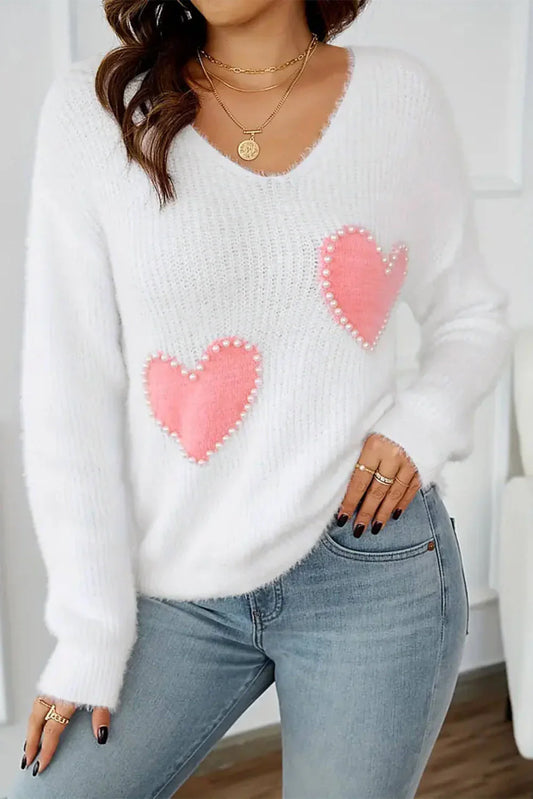 White Pearl Beaded Heart Pattern Fuzzy V Neck Sweater - Which Mark