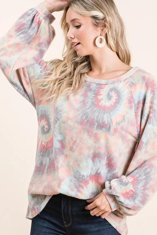 BiBi Brushed Tie Dye Print Top with Puff Sleeves - Which Mark