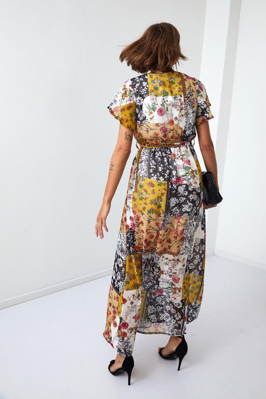 Maxi wrap dress with a belt, yellow FG646 - Which Mark