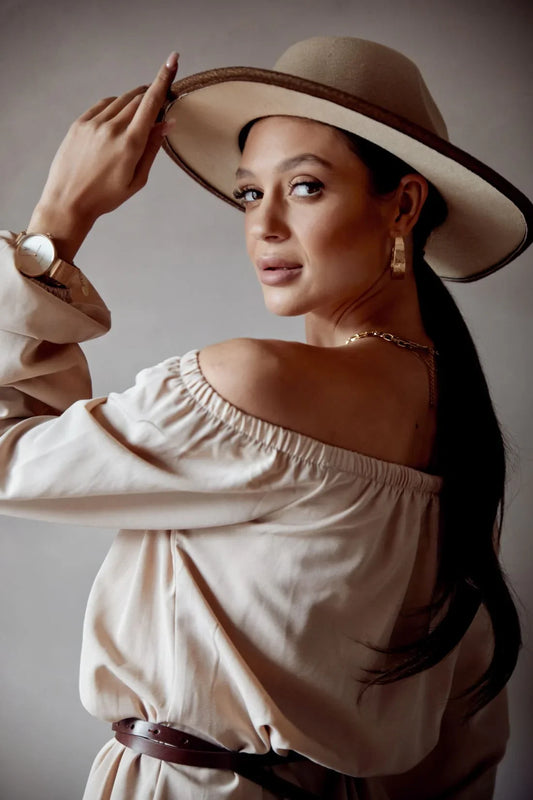 Oversize trapeze dress with a puffy bottom, beige FG653 - Which Mark