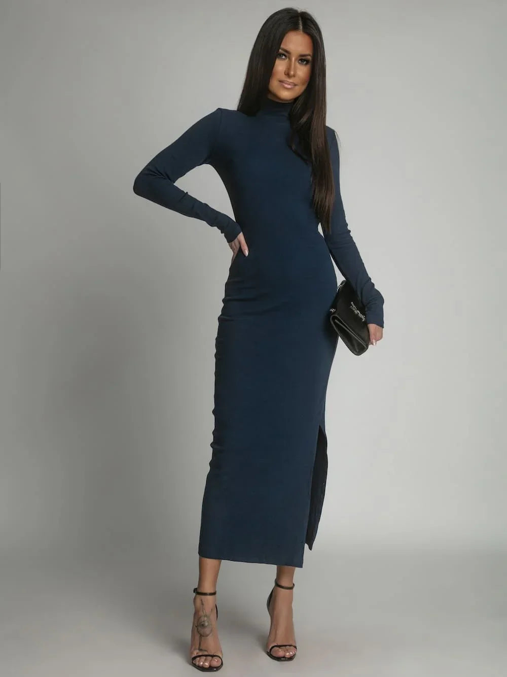 Cotton fitted maxi dress with a turtleneck, navy blue FG680 - Which Mark