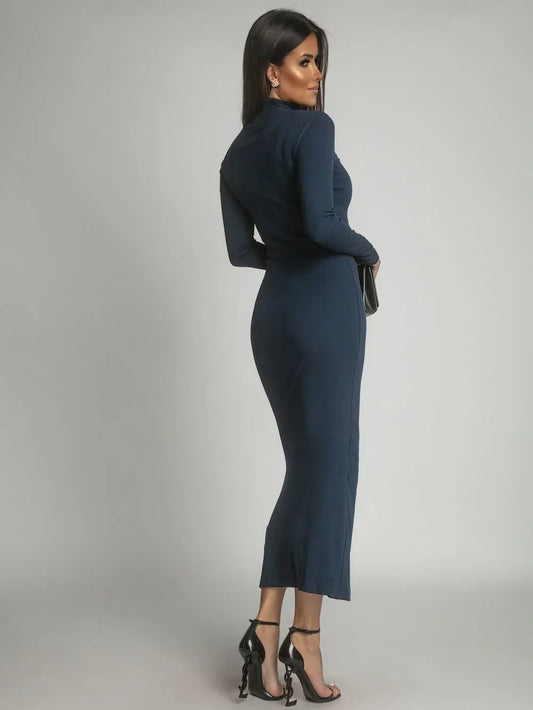 Cotton fitted maxi dress with a turtleneck, navy blue FG680 - Which Mark