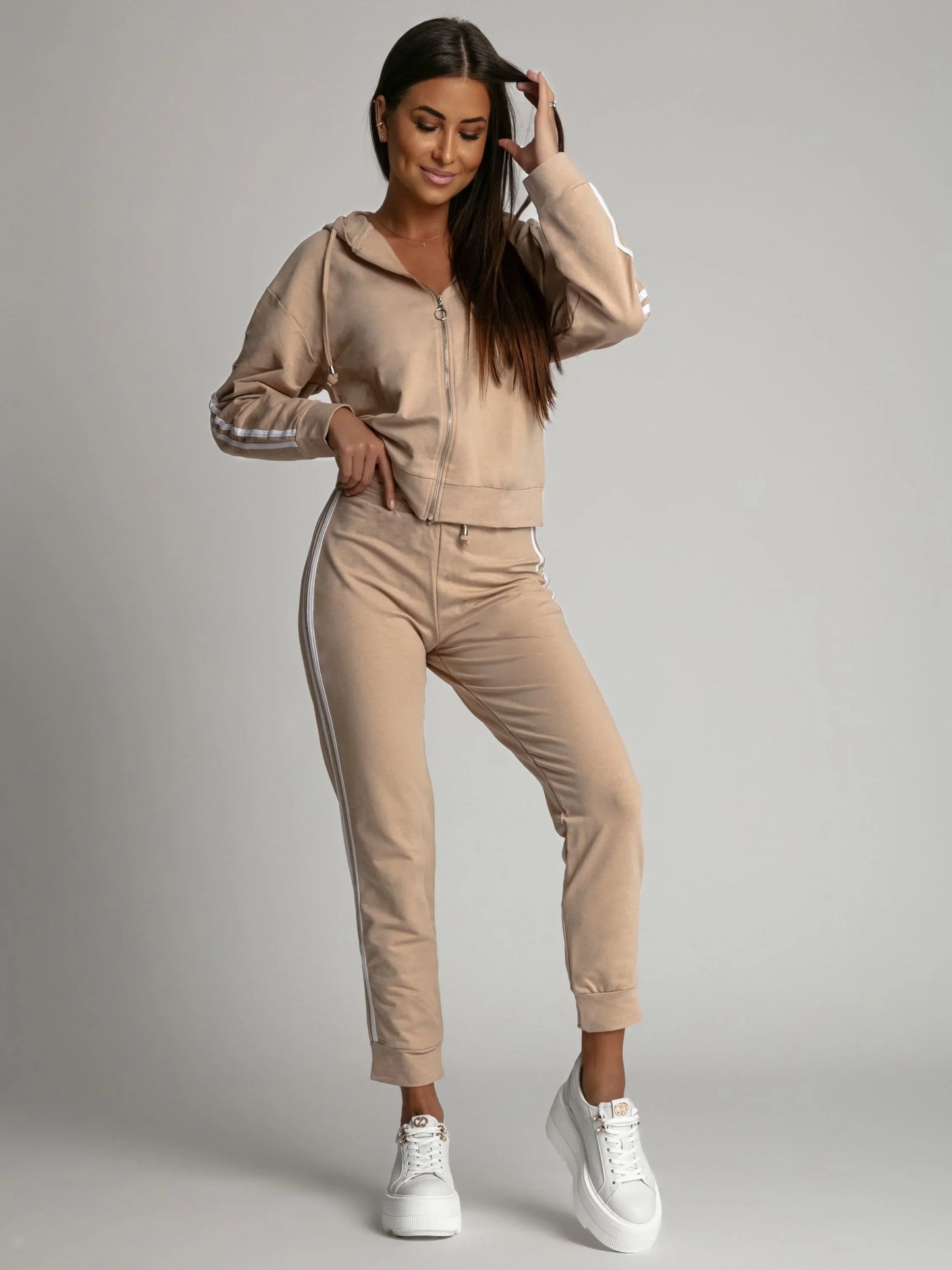 Women's tracksuit set with stripes, beige FI713 - Which Mark