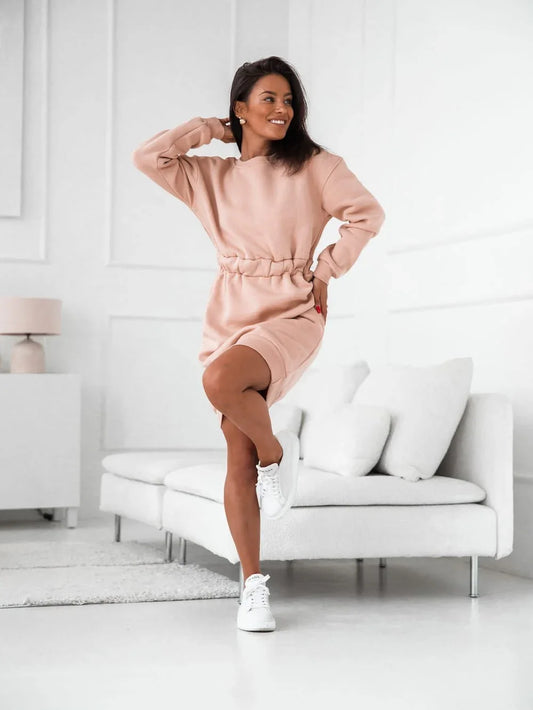 Warm dress with a cutout on the back, beige FI719 - Which Mark