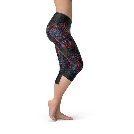 Womens Oriental Black Wolf Capri Leggings - Which Mark