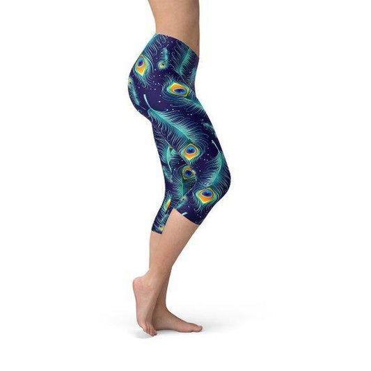 Blue Peacock Feathers Capri Leggings - Which Mark