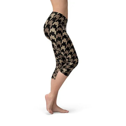 Womens Beige Brown Houndstooth Capri Leggings - Which Mark