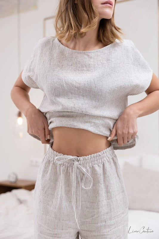 Striped Beige linen / Natural Linen Pajama set / Linen loungewear / - Which Mark
