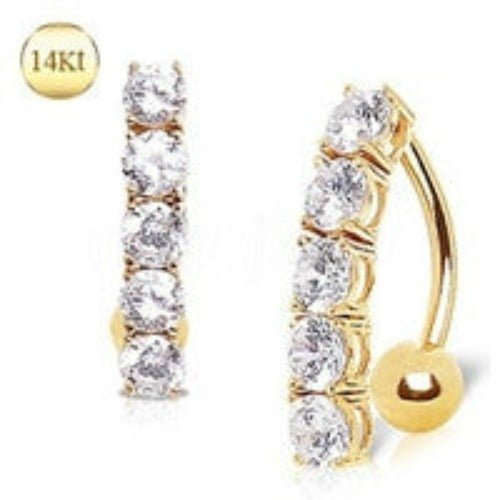 14Kt Yellow Gold Navel Ring with Top Down 5 Round Gems - Which Mark