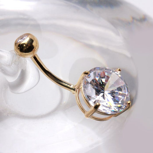 14Kt Yellow Gold Navel Ring with Large Clear Round Prong Set CZ - Which Mark